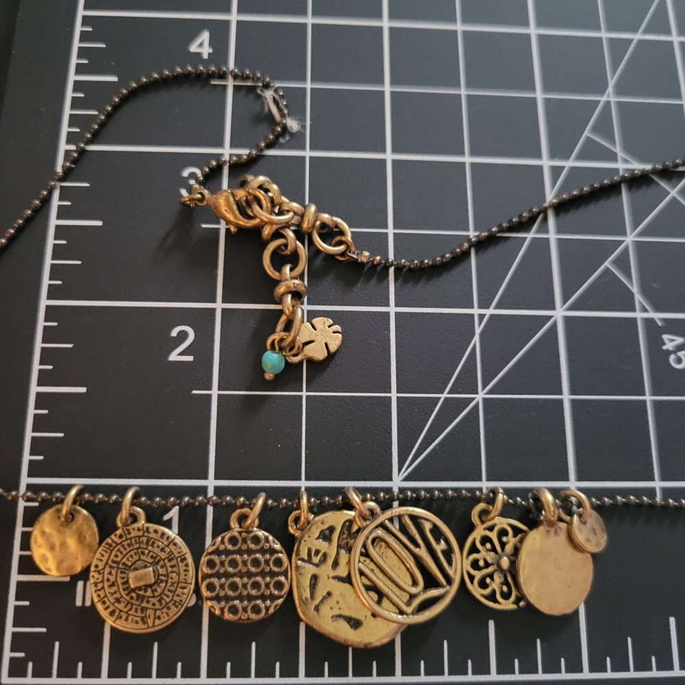 Lucky Brand Boho Mixed Coin Charm Love Necklace Brass Gold Tone 18" - Picture 6 of 6